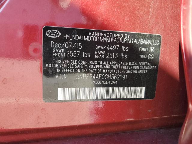 5NPE24AF0GH362191 - 2016 HYUNDAI SONATA SE წითელი ფოტო 12