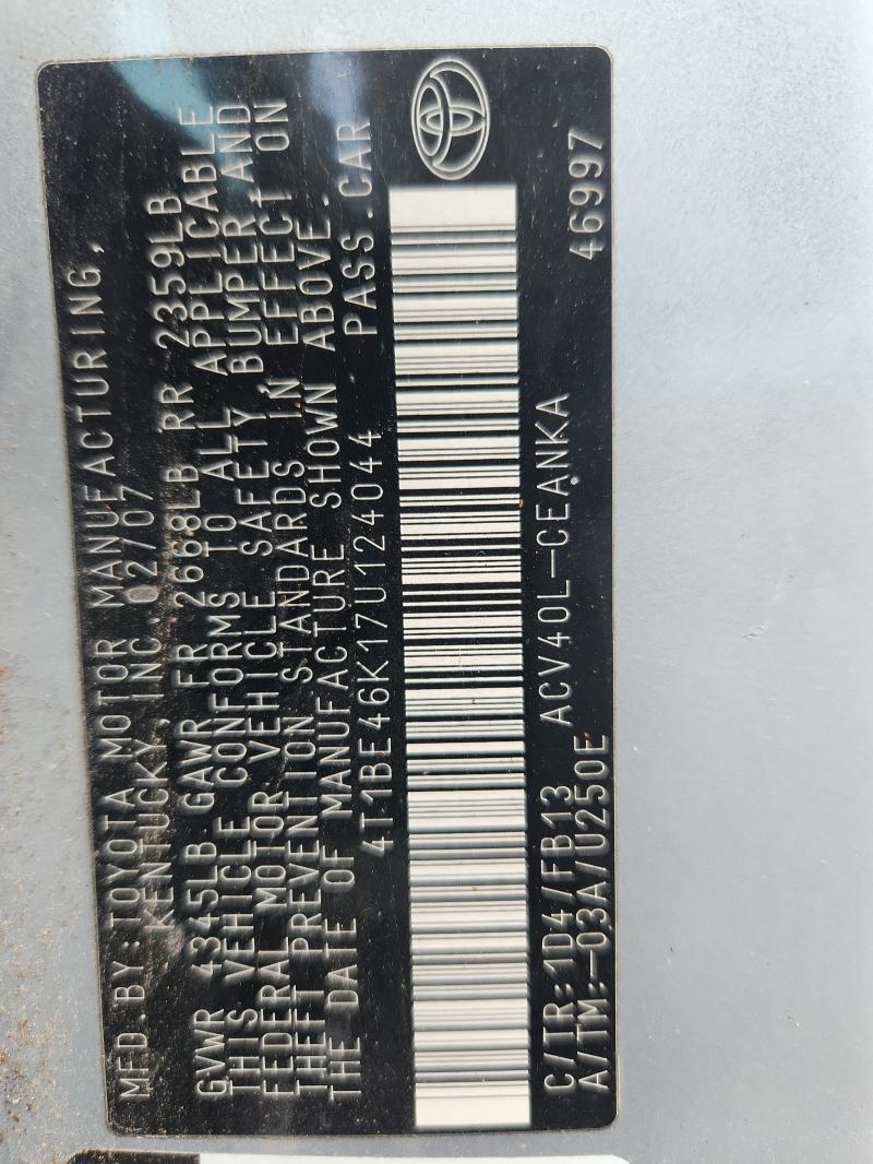 4T1BE46K17U124044 - 2007 TOYOTA CAMRY CE SILVER photo 12