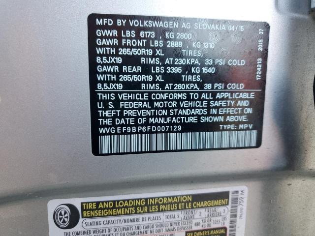 WVGEF9BP6FD007129 - 2015 VOLKSWAGEN TOUAREG V6 Արծաթագույն լուսանկար 12