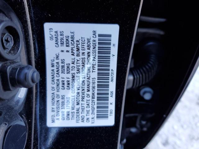2HGFC2F89KH561615 - 2019 HONDA CIVIC SPORT 黑色 照片 12