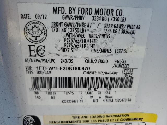 1FTFW1EF2DKD00970 - 2013 FORD F150 SUPERCREW 白色 照片 12