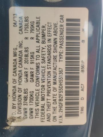 2HGFB2F55DH551367 - 2013 HONDA CIVIC LX BLUE photo 13