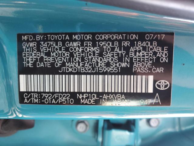 JTDKDTB32J1599551 - 2018 TOYOTA PRIUS C TURQUOISE photo 12