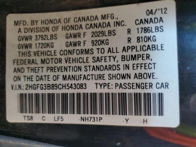 2HGFG3B89CH543083 - 2012 HONDA CIVIC EX BLACK photo 12