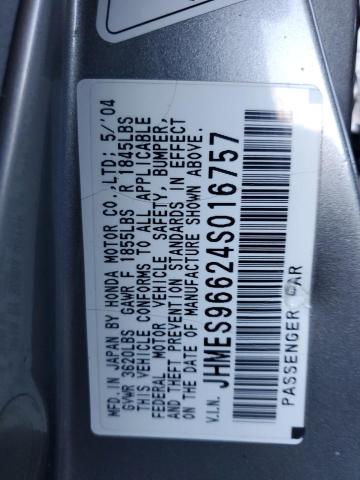 JHMES96624S016757 - 2004 HONDA CIVIC HYBRID GRAY photo 12