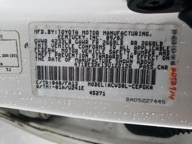 4T1BE32K13U122126 - 2003 TOYOTA CAMRY LE WHITE photo 12