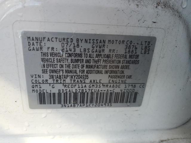 3N1AB7AP1KY204935 - 2019 NISSAN SENTRA S WHITE photo 13