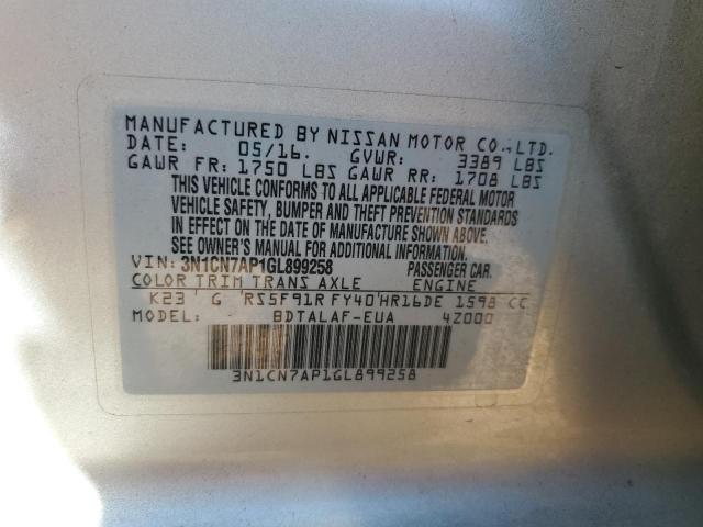 3N1CN7AP1GL899258 - 2016 NISSAN VERSA S ვერცხლისფერი ფოტო 12