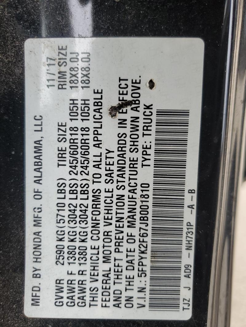 5FPYK2F67JB001810 - 2018 HONDA RIDGELINE RTL أسود صورة 12