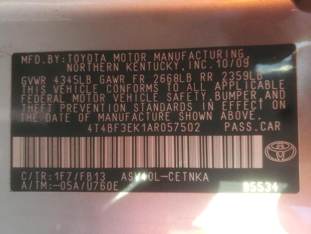 4T4BF3EK1AR057502 - 2010 TOYOTA CAMRY BASE Argent photo 12