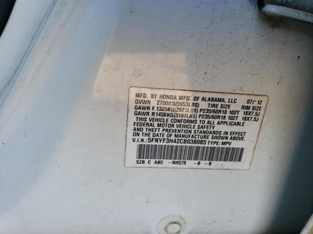 5FNYF3H42CB038085 - 2012 HONDA PILOT EX WHITE photo 12