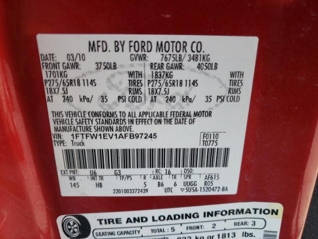 1FTFW1EV1AFB97245 - 2010 FORD F150 SUPERCREW RED photo 12