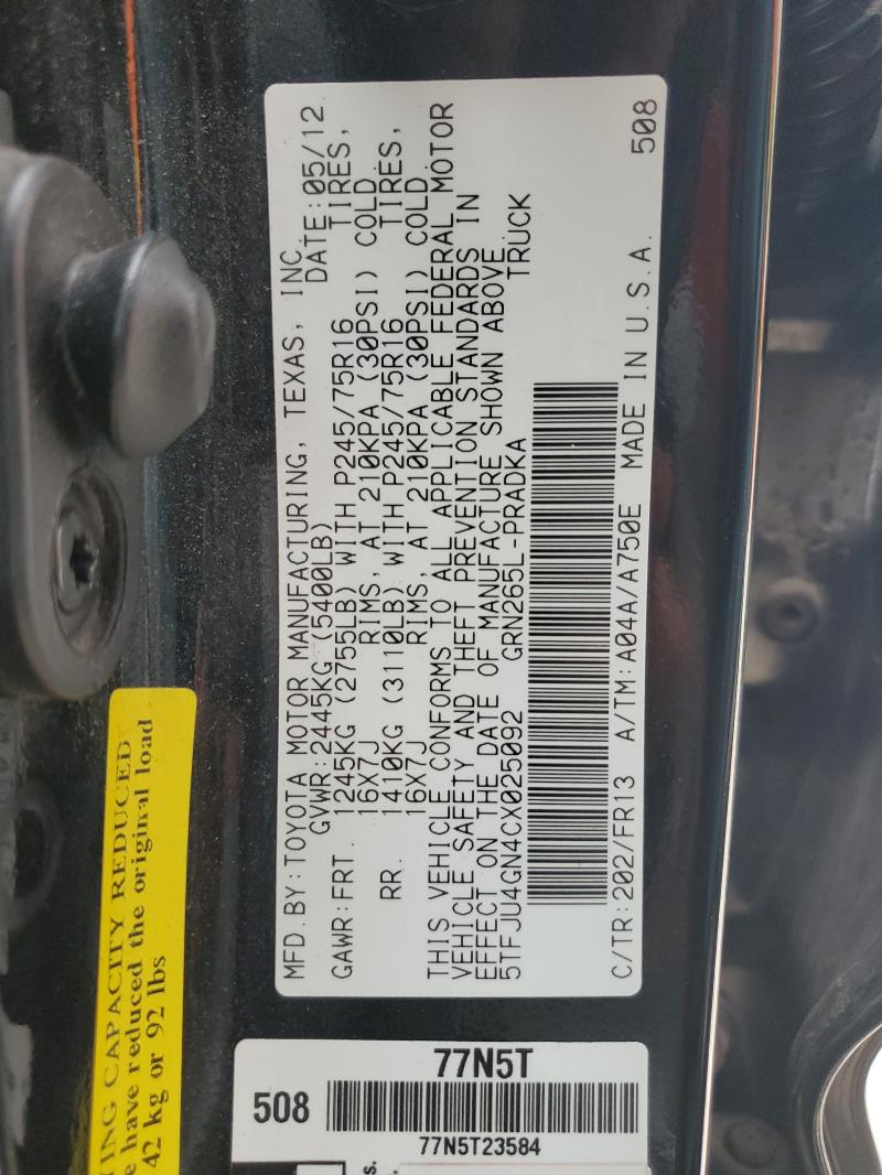 5TFJU4GN4CX025092 - 2012 TOYOTA TACOMA DOUBLE CAB PRERUNNER BLACK photo 12