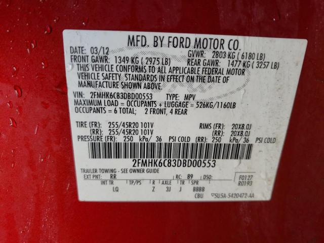 2FMHK6C83DBD00553 - 2013 FORD FLEX SEL RED photo 13