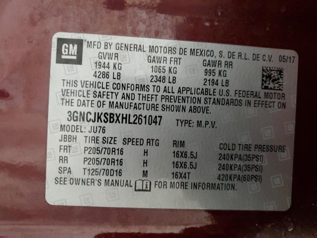 3GNCJKSBXHL261047 - 2017 CHEVROLET TRAX LS BURGUNDY photo 12