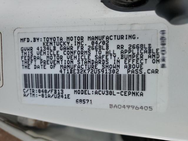 4T1BE32K72U591302 - 2002 TOYOTA CAMRY LE WHITE photo 12