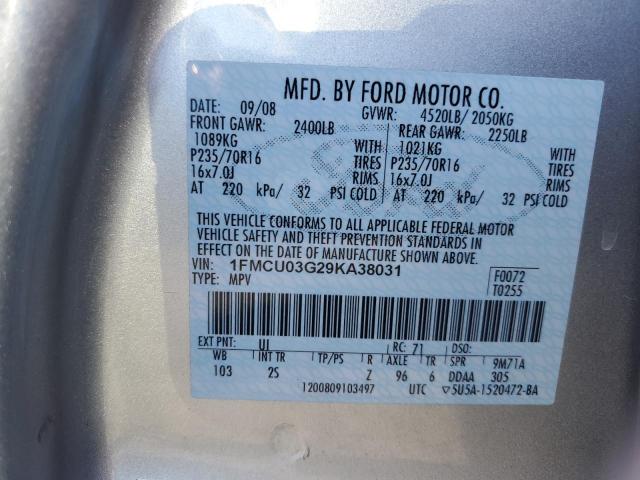 1FMCU03G29KA38031 - 2009 FORD ESCAPE XLT SILVER photo 12