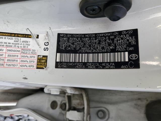 JTDEPMAE4N3024410 - 2022 TOYOTA COROLLA LE WHITE photo 12