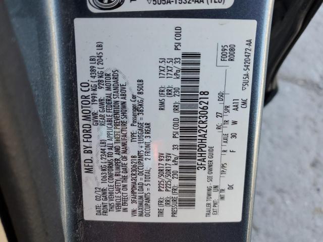 3FAHP0HA2CR306218 - 2012 FORD FUSION SE GRAY photo 12