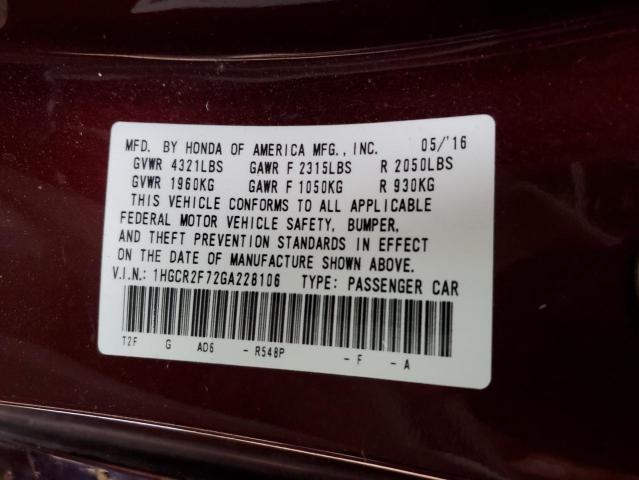 1HGCR2F72GA228106 - 2016 HONDA ACCORD EX BURGUNDY photo 12