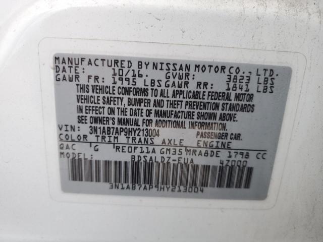 3N1AB7AP9HY213004 - 2017 NISSAN SENTRA S WHITE photo 12