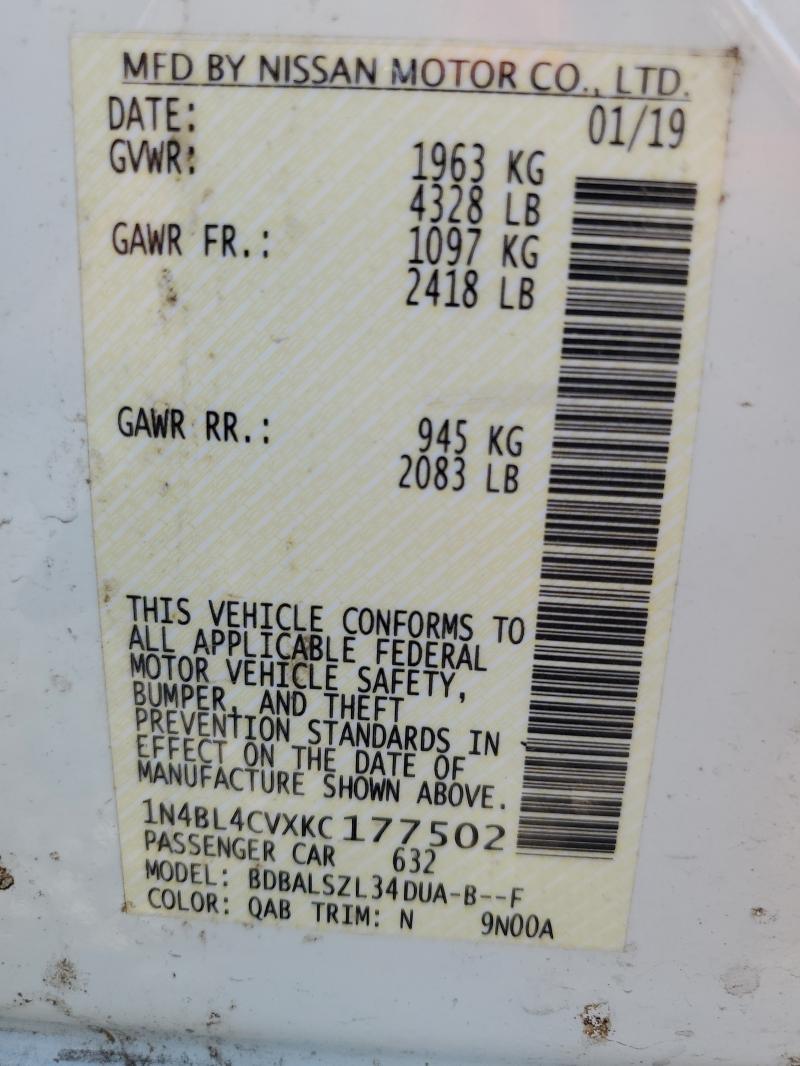 1N4BL4CVXKC177502 - 2019 NISSAN ALTIMA SR Ақ фото 12