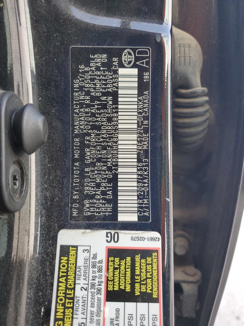 2T1BURHE8GC598811 - 2016 TOYOTA COROLLA L 黑色 照片 13