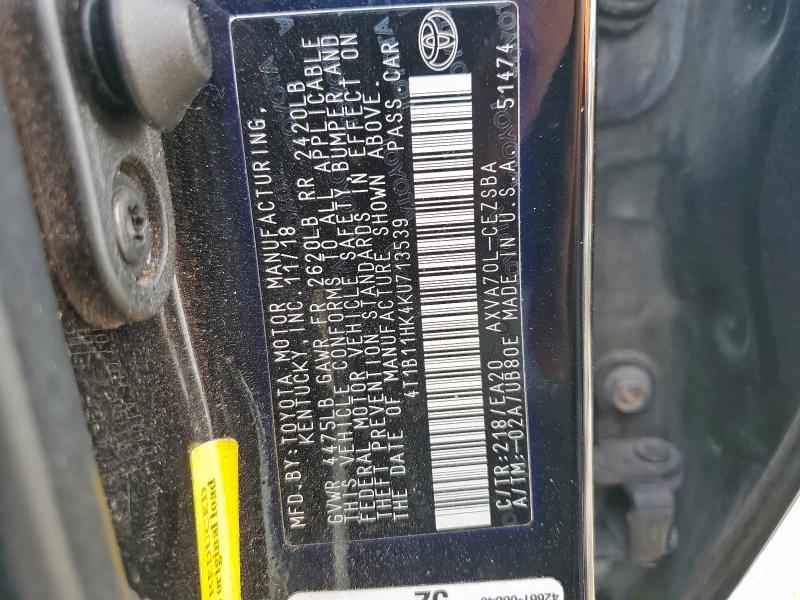 4T1B11HK4KU713539 - 2019 TOYOTA CAMRY L 黑色 照片 13