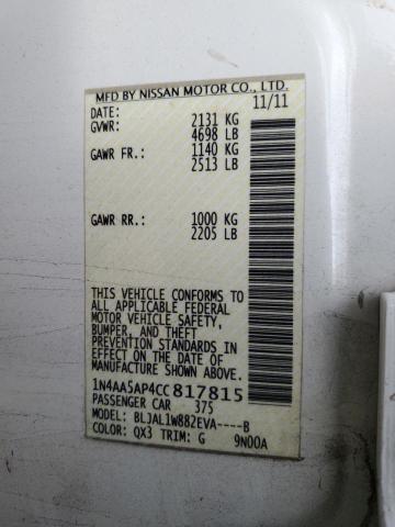 1N4AA5AP4CC817815 - 2012 NISSAN MAXIMA S WHITE photo 12