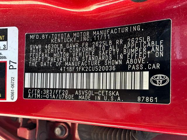 4T1BF1FK2CU520036 - 2012 TOYOTA CAMRY BASE RED photo 10