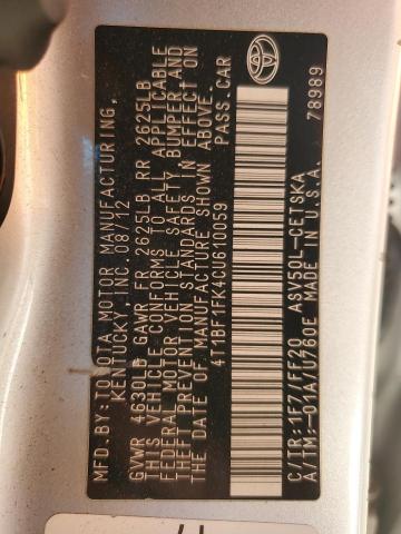 4T1BF1FK4CU610059 - 2012 TOYOTA CAMRY BASE Plata foto 12