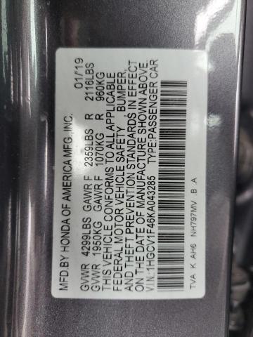 1HGCV1F46KA043285 - 2019 HONDA ACCORD EX Сұр фото 12