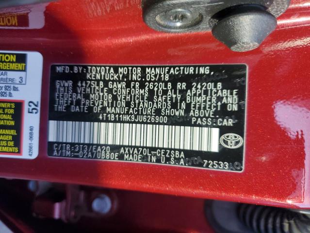 4T1B11HK9JU626900 - 2018 TOYOTA CAMRY L RED photo 12