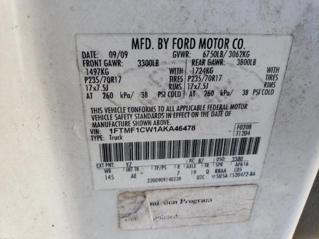 1FTMF1CW1AKA46478 - 2010 FORD F150 WHITE photo 12