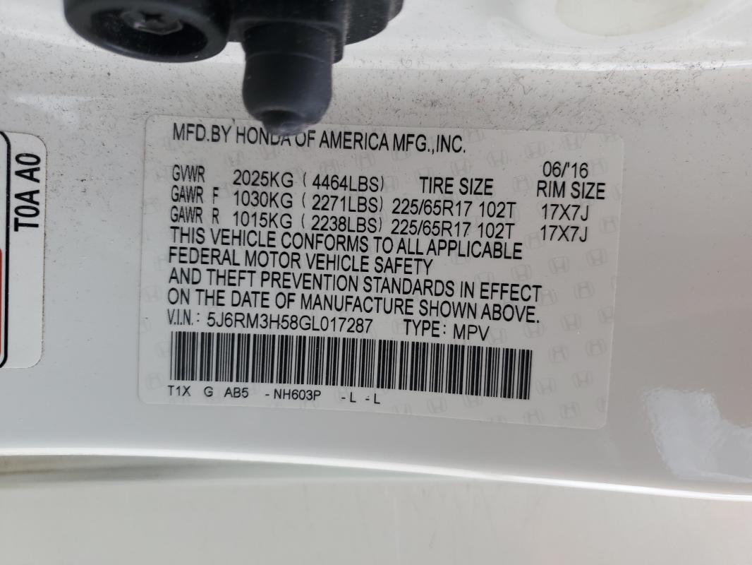 5J6RM3H58GL017287 - 2016 HONDA CR-V EX WHITE photo 13