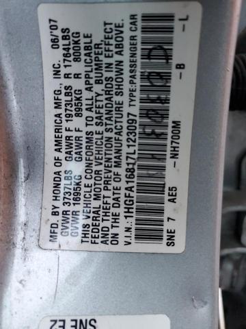 1HGFA16817L123097 - 2007 HONDA CIVIC EX SILVER photo 12