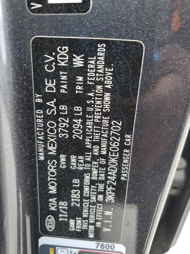 3KPF24AD0KE062702 - 2019 KIA FORTE FE გრაფიტი ფოტო 12