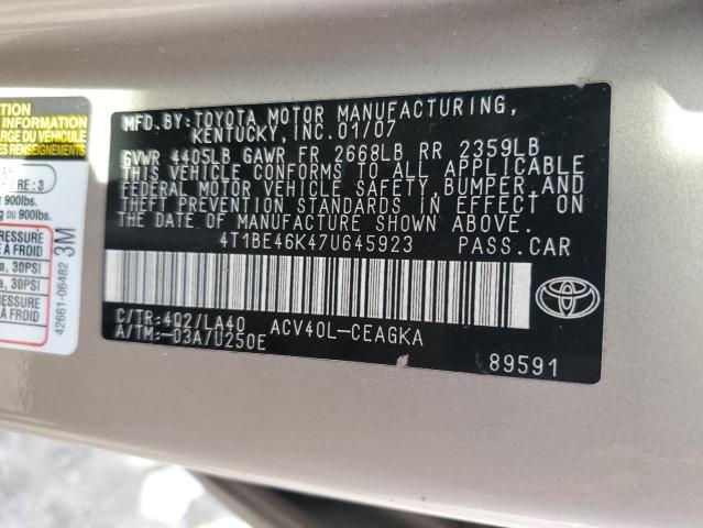 4T1BE46K47U645923 - 2007 TOYOTA CAMRY CE GOLD photo 13
