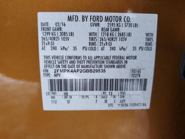 2FMPK4AP2GBB29535 - 2016 FORD EDGE SPORT GOLD photo 13