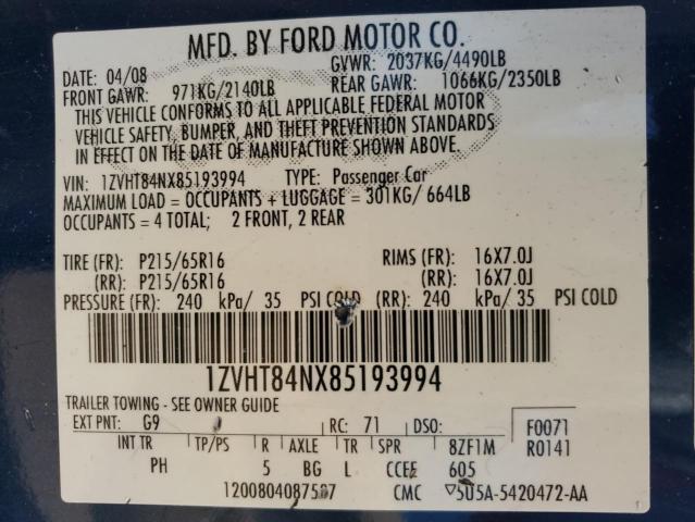 1ZVHT84NX85193994 - 2008 FORD MUSTANG BLUE photo 12