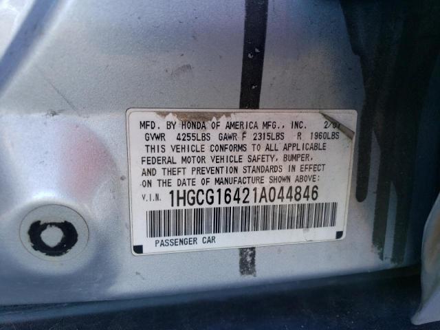 1HGCG16421A044846 - 2001 HONDA ACCORD LX ვერცხლისფერი ფოტო 12