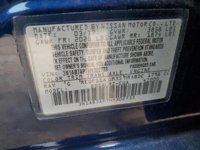 3N1AB7AP7HY302733 - 2017 NISSAN SENTRA S BLUE photo 12