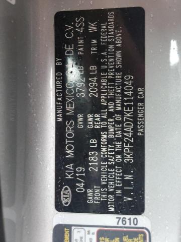3KPF24AD7KE114049 - 2019 KIA FORTE FE Argent photo 12