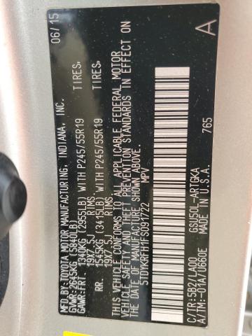 5TDYKRFH1FS091722 - 2015 TOYOTA HIGHLANDER LIMITED CREAM photo 12