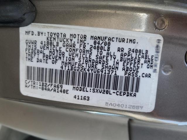 4T1BG22K4YU691371 - 2000 TOYOTA CAMRY CE Boz foto 12