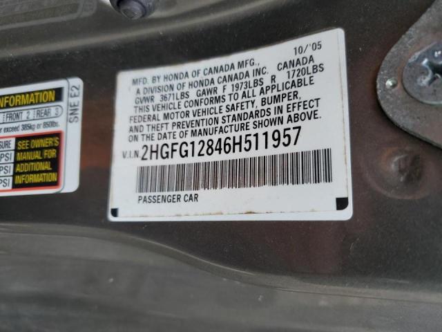 2HGFG12846H511957 - 2006 HONDA CIVIC EX GRAY photo 12