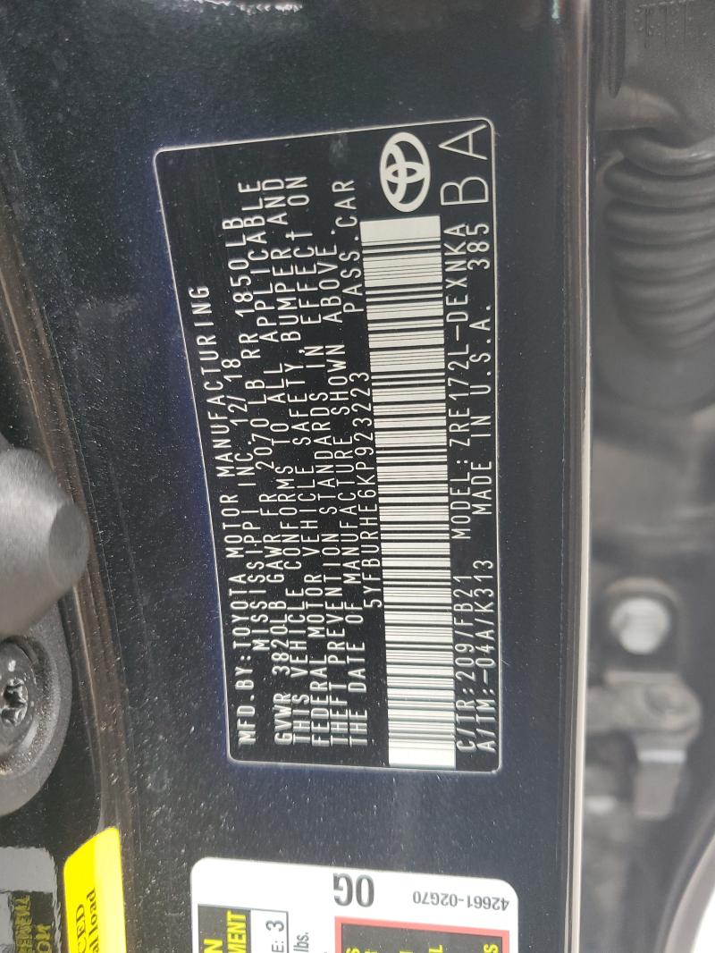 5YFBURHE6KP923223 - 2019 TOYOTA COROLLA L BLACK photo 12