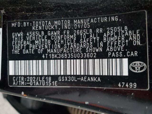 4T1BK36B35U033602 - 2005 TOYOTA AVALON XL BLACK photo 12