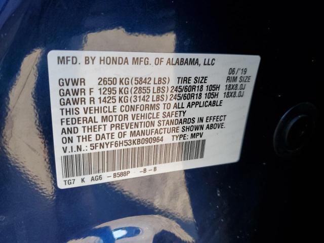 5FNYF6H53KB090964 - 2019 HONDA PILOT EXL Mavi foto 13