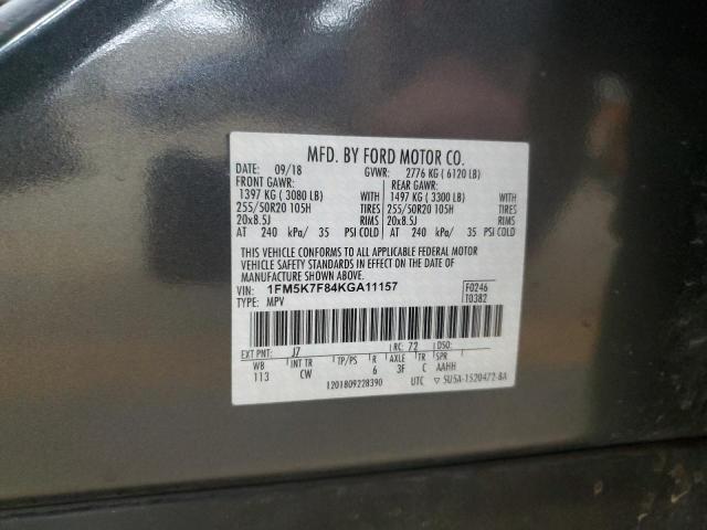 1FM5K7F84KGA11157 - 2019 FORD EXPLORER LIMITED رمادي صورة 13